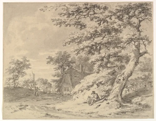 A Forest Edge with Peasants and a Village in the Background; verso: Landscape Sketch by Pieter Barbiers II, drawing, 1761-1842