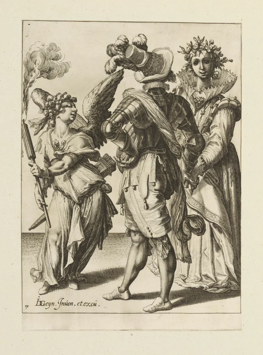 A Blindfolded Cupid Holding a Torch before a Couple, plate 7 from "The Masquerades" by Jacques de Gheyn II, print, 1595-1596