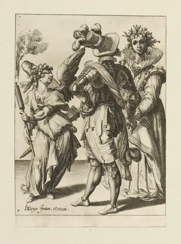 A Blindfolded Cupid Holding a Torch before a Couple, plate 7 from "The Masquerades" by Jacques de Gheyn II, print, 1595-1596