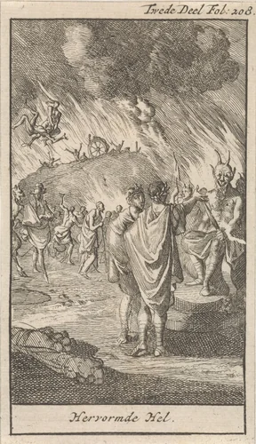 Twee Romeinse schrijvers praten met een duivel in de hel by Caspar Luyken, print, 1699