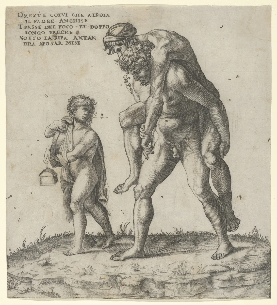 Aeneas rescuing Anchises, a young boy carrying a lantern at left by Giovanni Jacopo Caraglio, print, 1520-1530