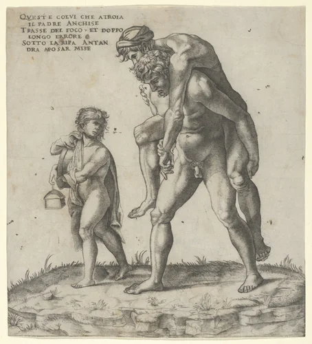 Aeneas rescuing Anchises, a young boy carrying a lantern at left by Giovanni Jacopo Caraglio, print, 1520-1530