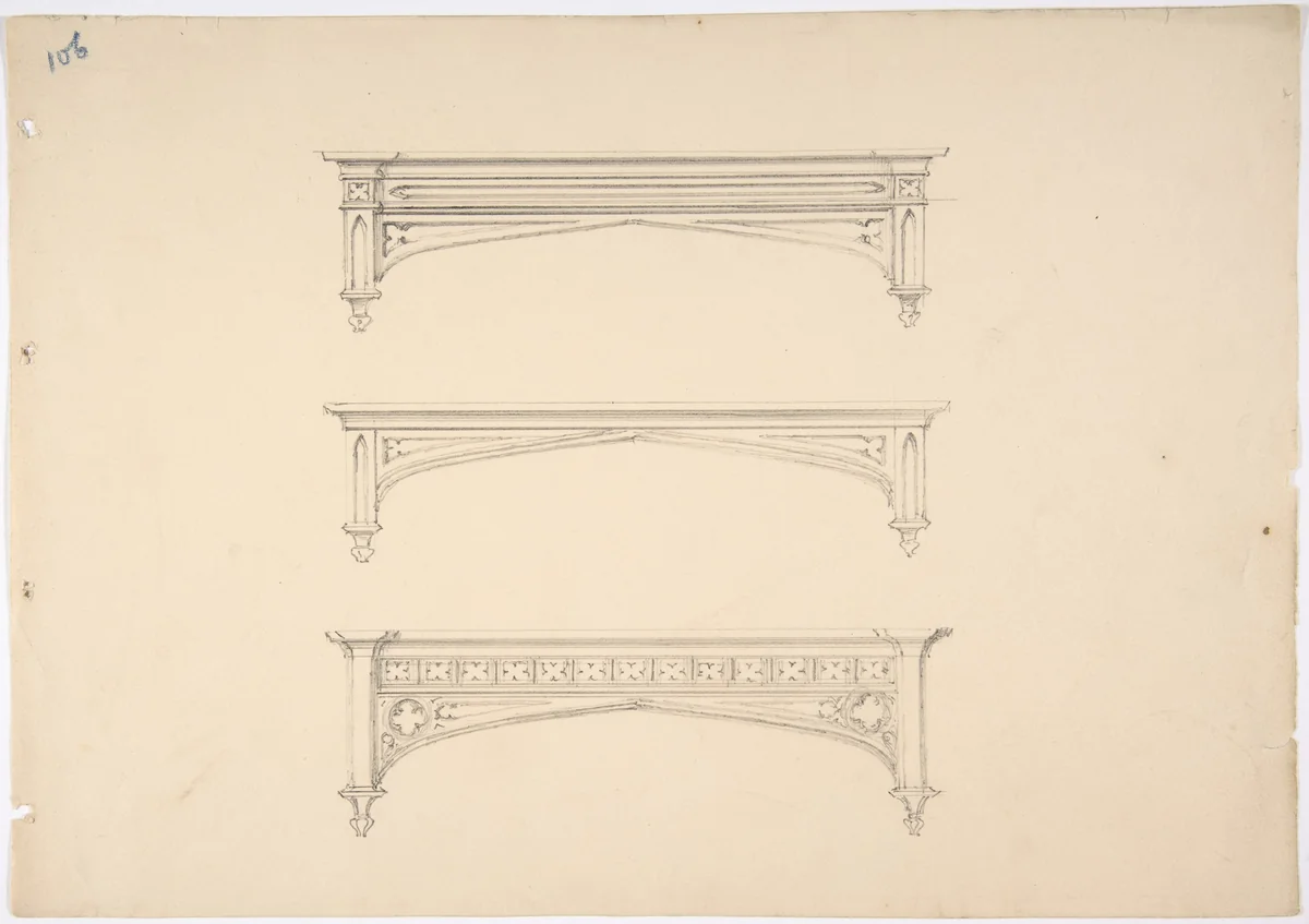 Design for Three Gothic Pediments by anonymous, drawing, 1800-1850