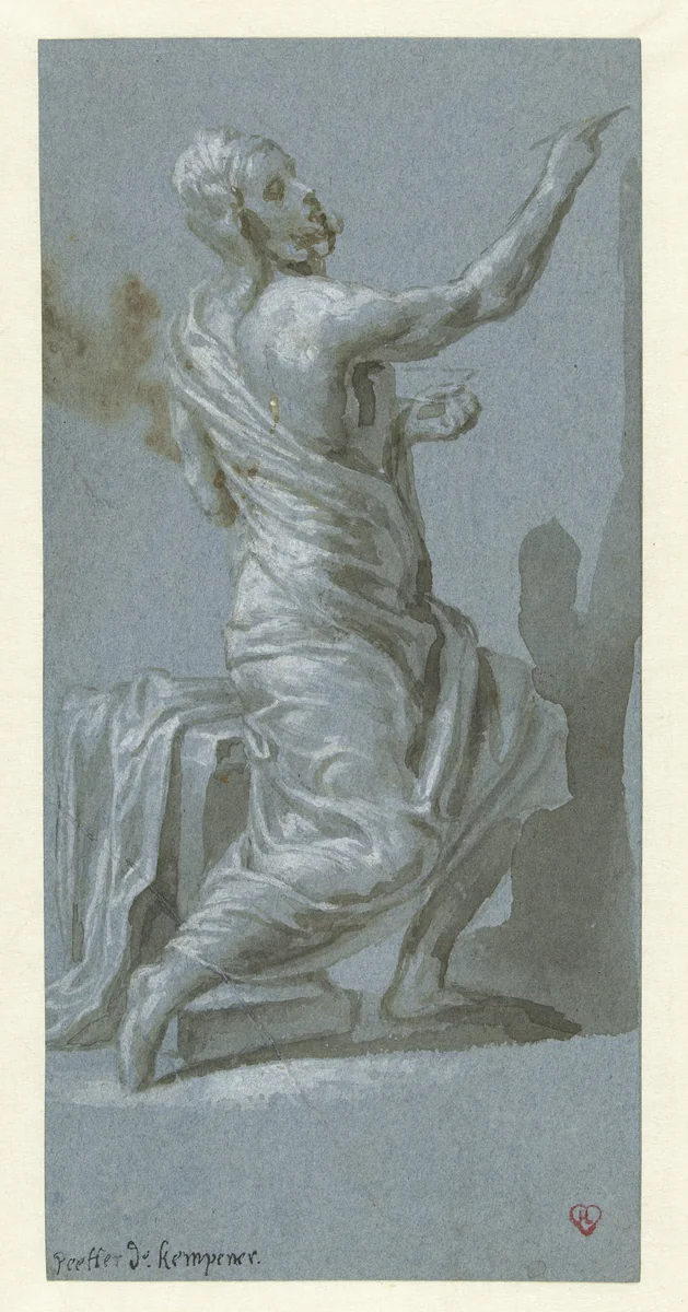 Zittende geklede man, naar rechts by Pieter de Kempener, drawing, 1513-1580