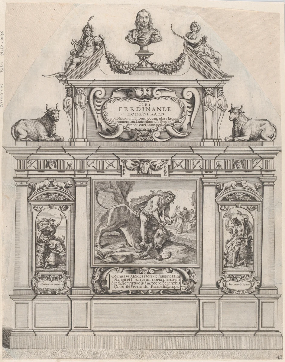 Plate 36: Triumphal arch, surmounted with a portrait bust of Ferdinand, flanked by sculptures of Apollo and Diana; ornamented with allegorical scenes below; from Guillielmus Becanus's 'Serenissimi Principis Ferdinandi, Hispaniarum Infantis...' by Johannes Meursius, print, 1636
