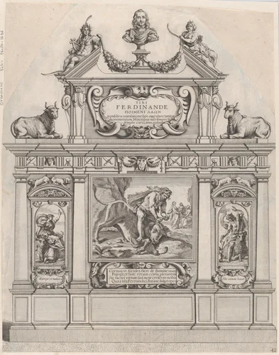 Plate 36: Triumphal arch, surmounted with a portrait bust of Ferdinand, flanked by sculptures of Apollo and Diana; ornamented with allegorical scenes below; from Guillielmus Becanus's 'Serenissimi Principis Ferdinandi, Hispaniarum Infantis...' by Johannes Meursius, print, 1636