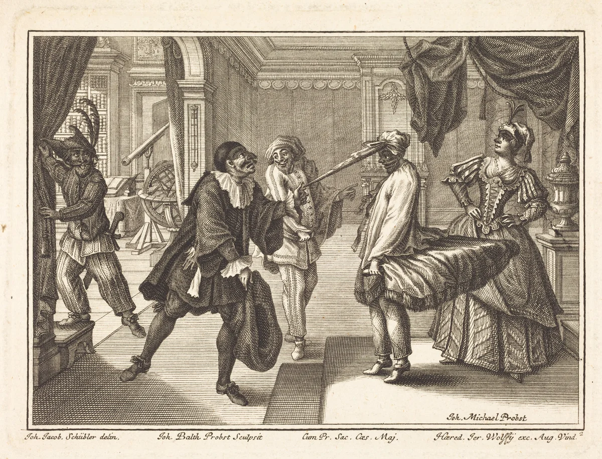 Harlequin at Dr. Polovard's House by Johann Balthasar Probst
Johann Jacob Schübler, print, 1729