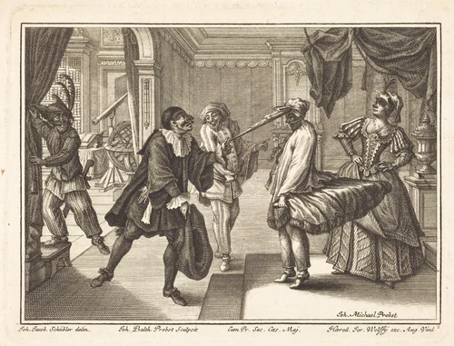 Harlequin at Dr. Polovard's House by Johann Balthasar Probst
Johann Jacob Schübler, print, 1729