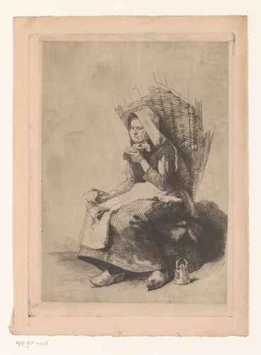 Vrouw met mand op haar rug blaast over een schotel by Adrien De Witte, print, 1891
