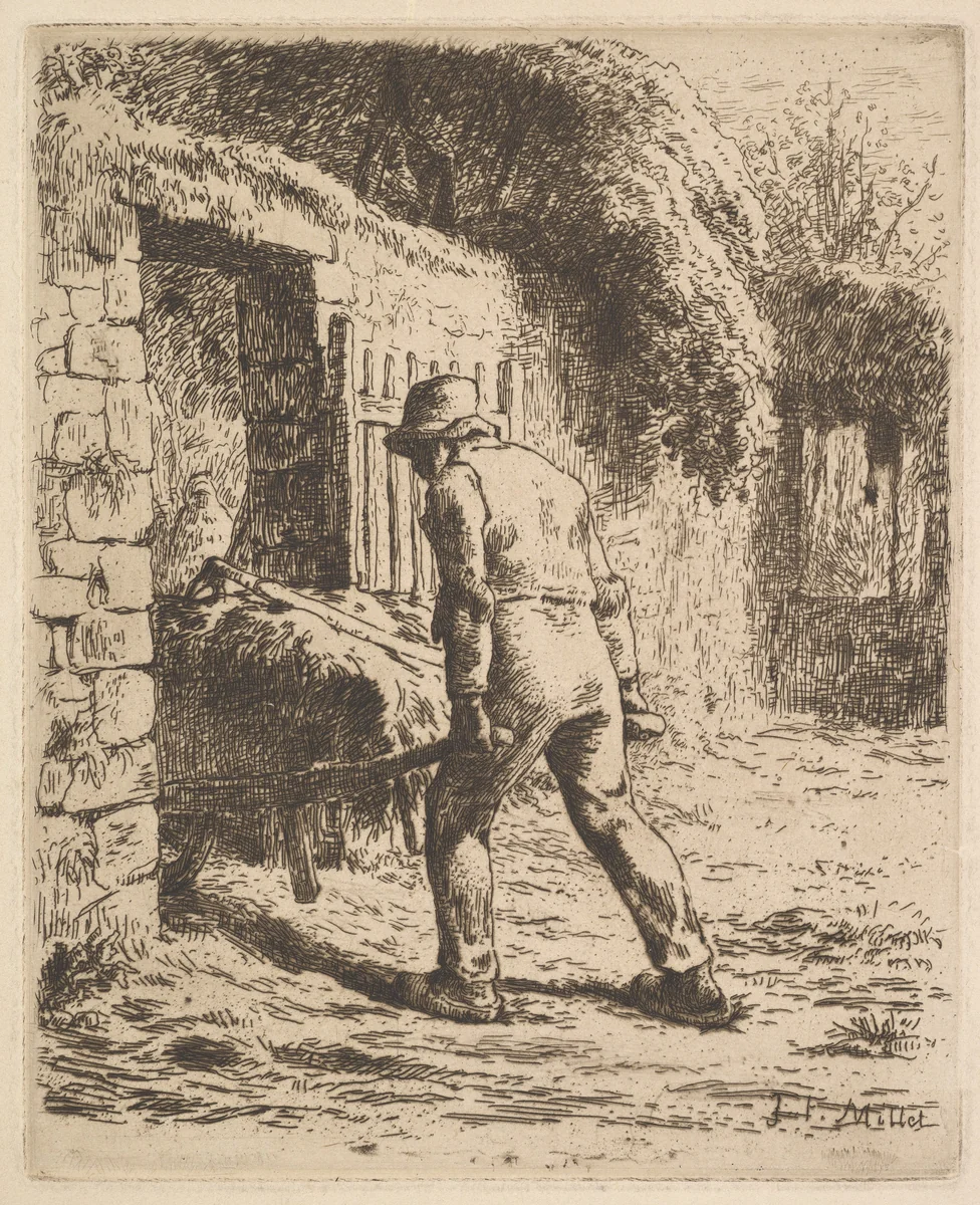 Peasant Pushing A Wheelbarrow by Jean-François Millet, print, 1855