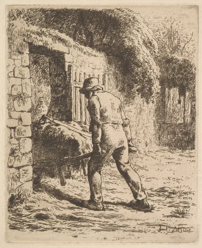 Peasant Pushing A Wheelbarrow by Jean-François Millet, print, 1855