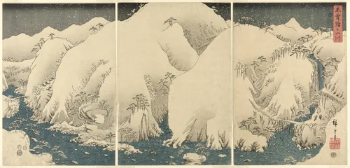 Mountains and Rivers on the Kiso Road (Kisoji no yamakawa), from an untitled series of triptychs by Utagawa Hiroshige (歌川広重), print, 1857