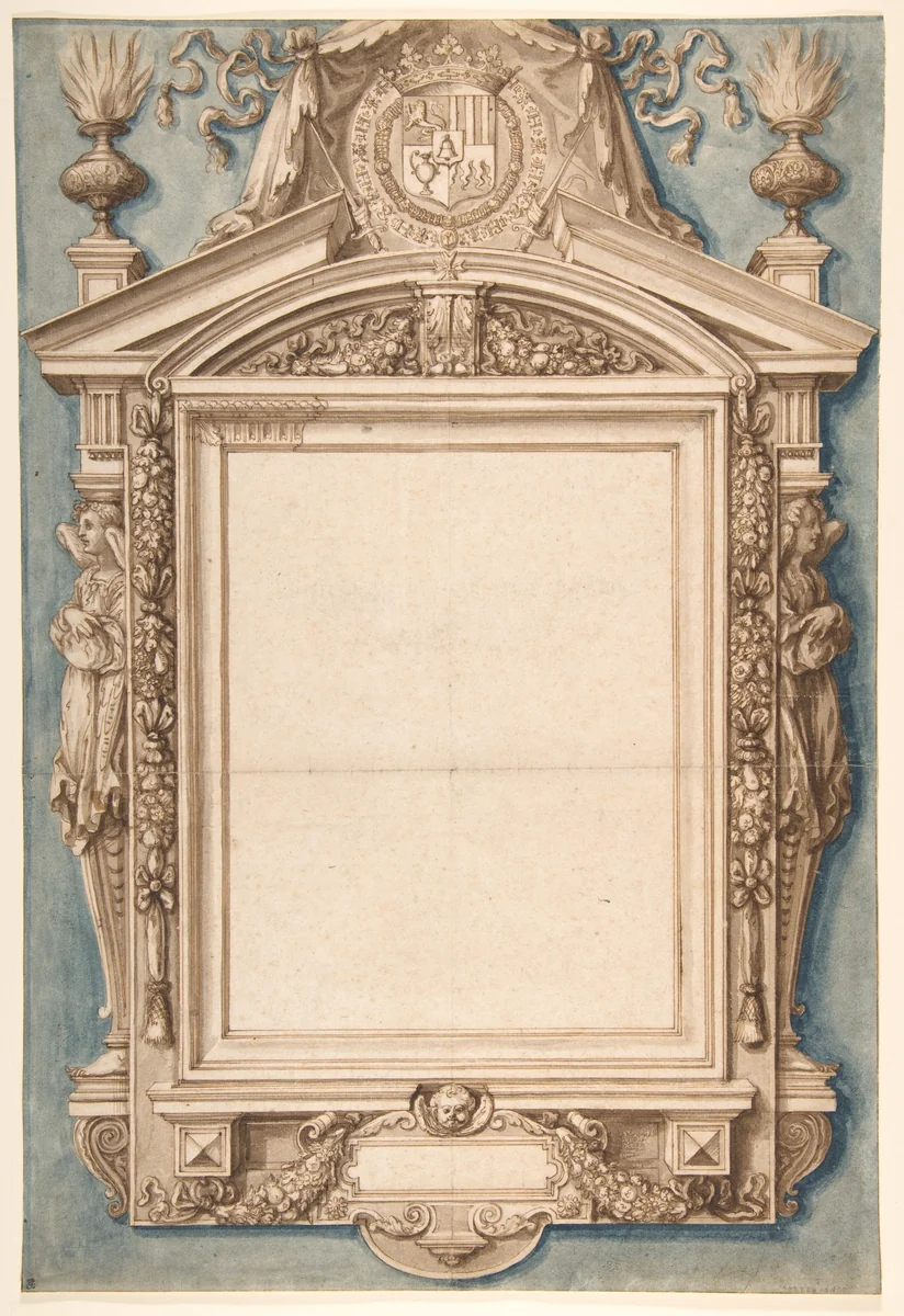 Design for the Frame of a Funerary Plaque with the Coat of Arms of Roger II de Saint Lary, Duc de Bellegarde by Etienne Martellange, drawing, 1614-1624