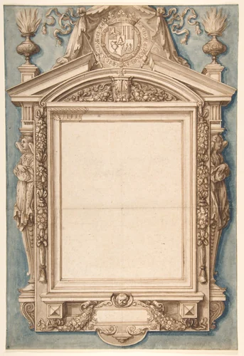 Design for the Frame of a Funerary Plaque with the Coat of Arms of Roger II de Saint Lary, Duc de Bellegarde by Etienne Martellange, drawing, 1614-1624