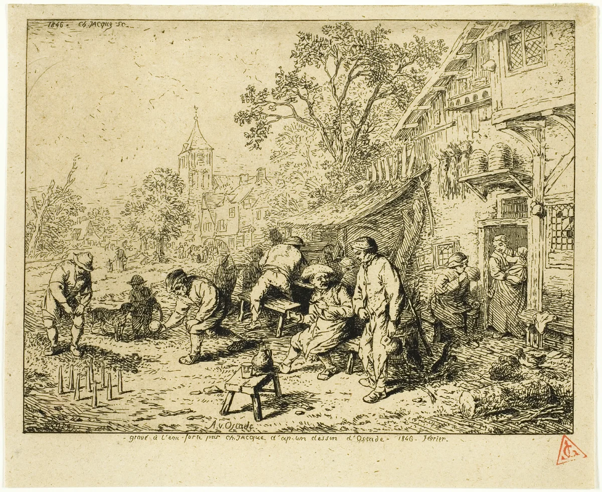 The Ninepin Players by Charles-Émile Jacque, print, 1846