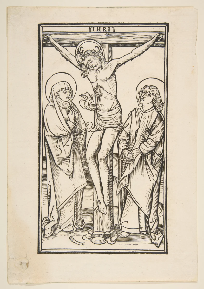Christ on the Cross with the Virgin and Saint John by anonymous, print, 1400-1500