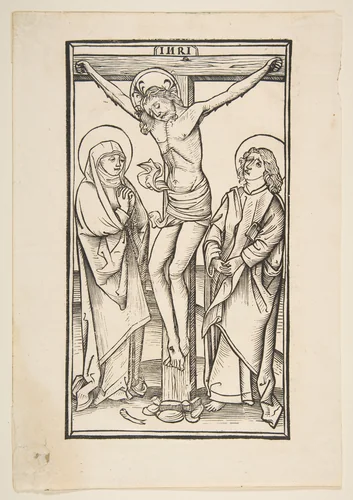 Christ on the Cross with the Virgin and Saint John by anonymous, print, 1400-1500