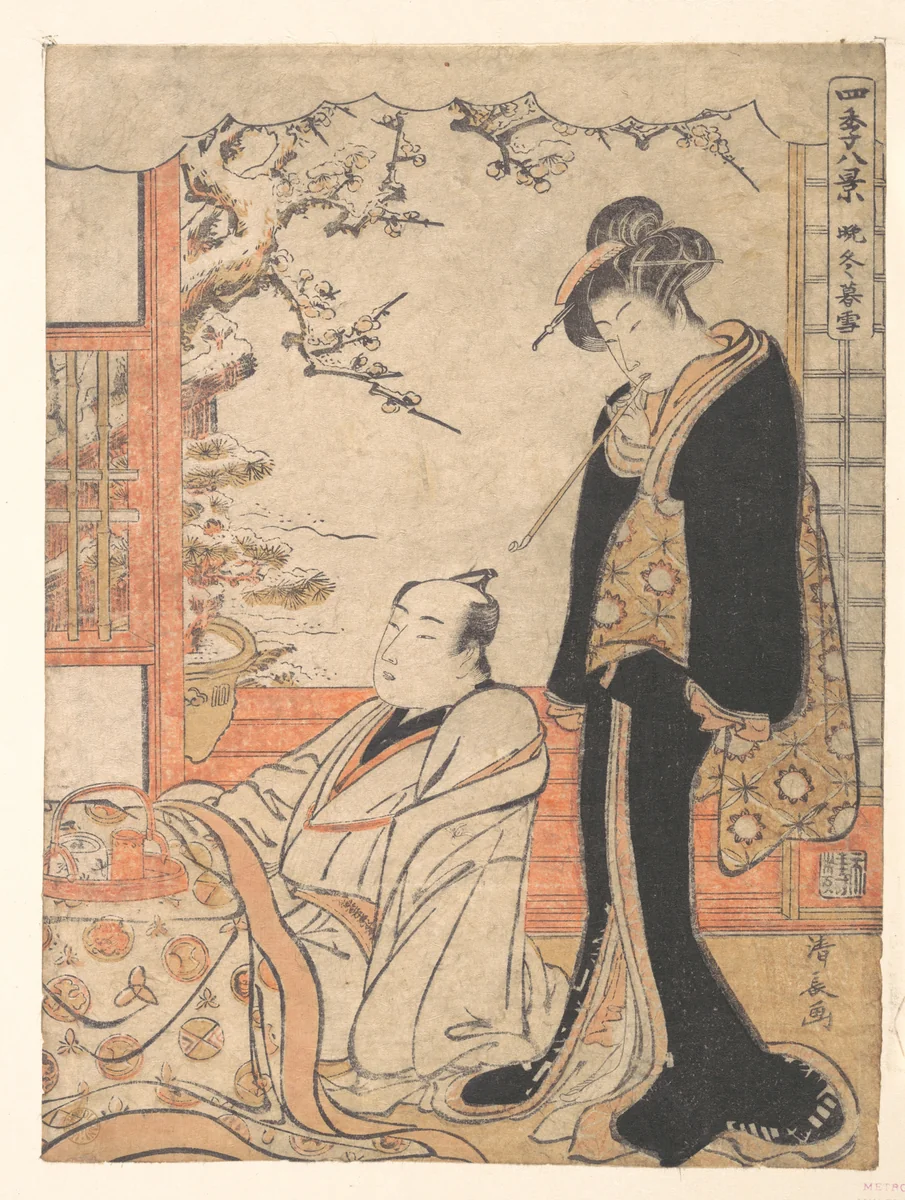 Evening Snow at Banto by Torii Kiyonaga (鳥居清長), print, 1769-1789