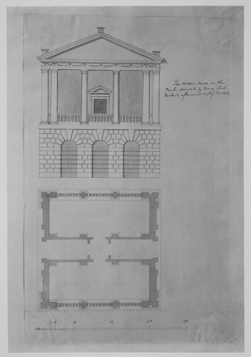 The Water House in the Park, Houghton, Norfolk, Plan and Elevation of the Portico Front by Henry Herbert, drawing, 1725-1735