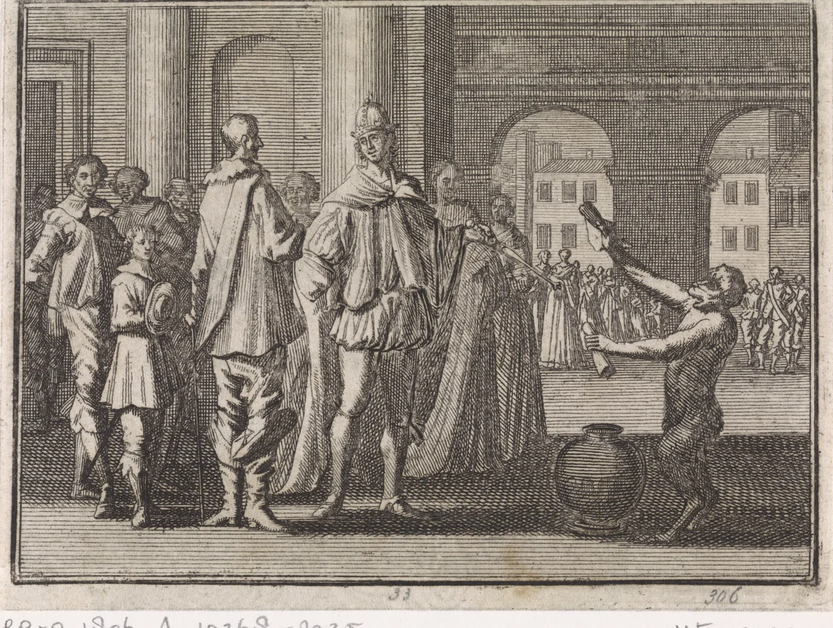 Aap reikt koning Akbar opgerolde documenten aan by Caspar Luyken, print, 1704