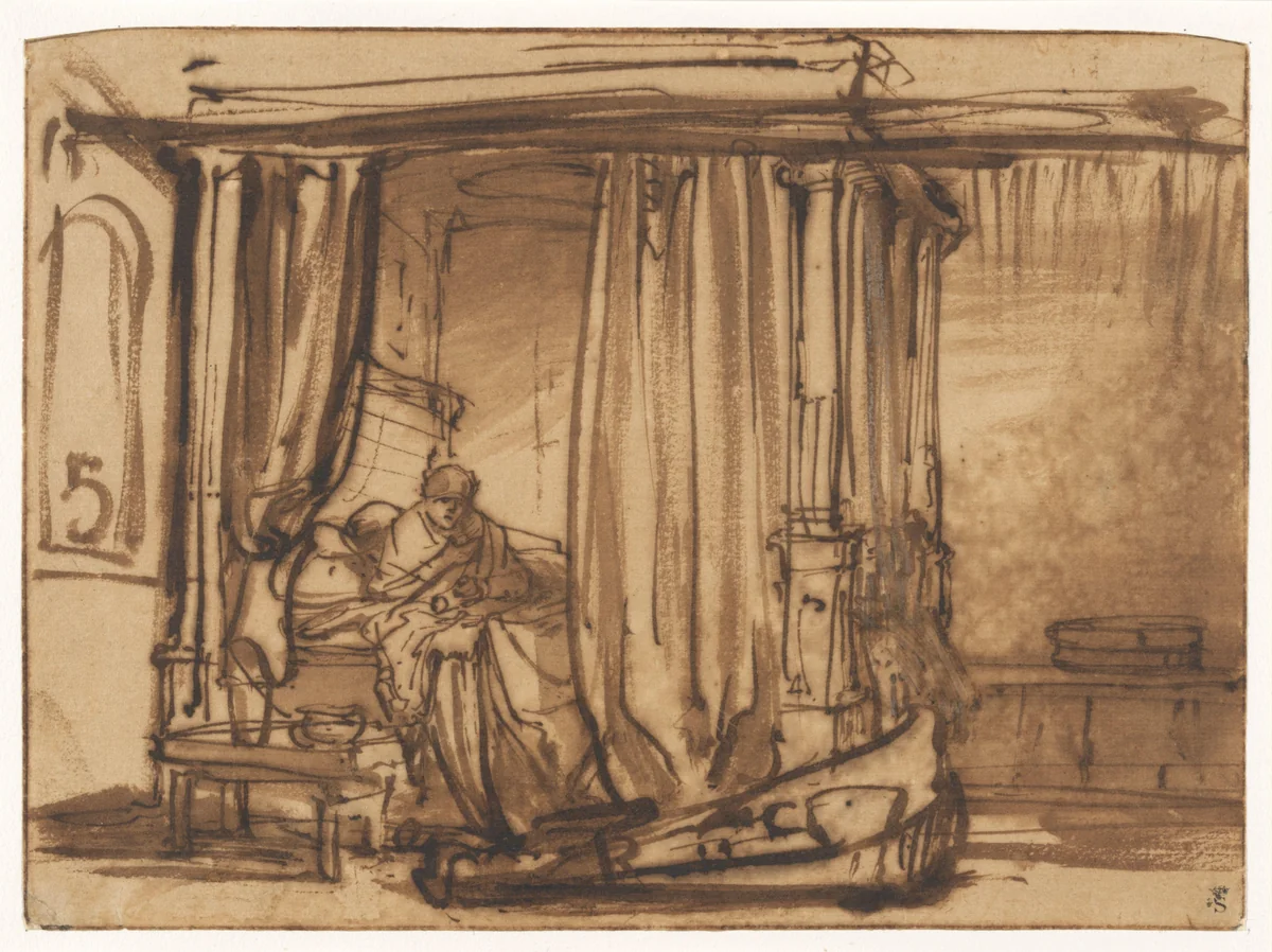 Bedroom with Saskia in a Canopy Bed by Rembrandt van Rijn, drawing, 1638
