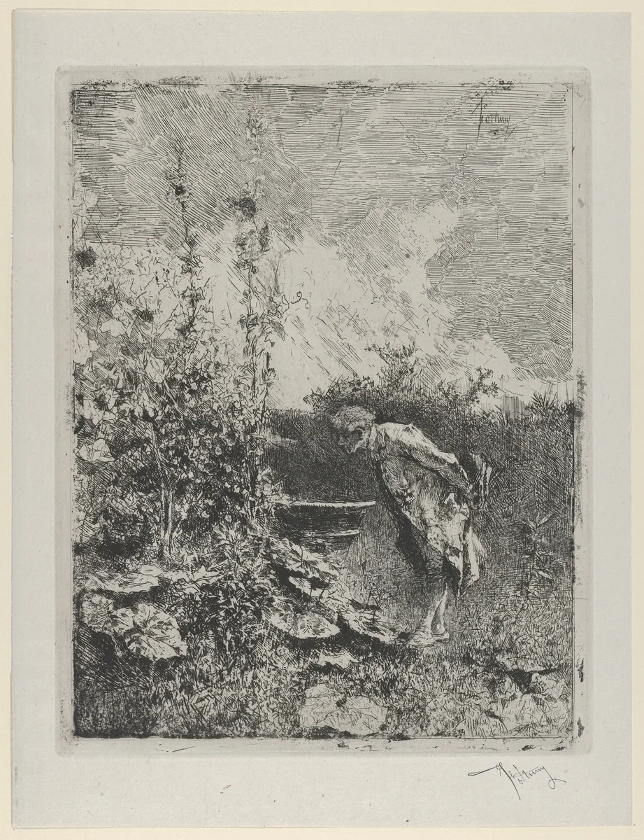 The botanist: a man in a garden examining its contents by Mariano Fortuny, print, 1860-1870