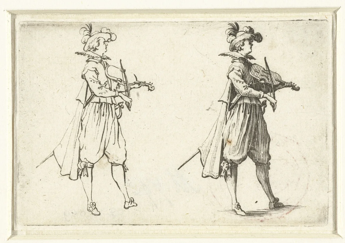 Tweemaal dezelfde vioolspelende man, op de rechterzijde gezien by Jacques Callot, print, 1621