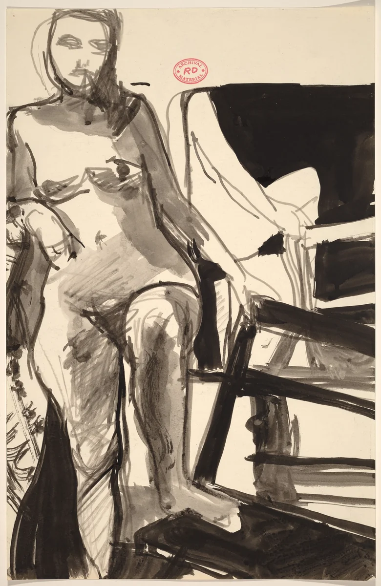 Untitled [standing female nude with left foot on chair seat] by Richard Diebenkorn, drawing, 1955-1967