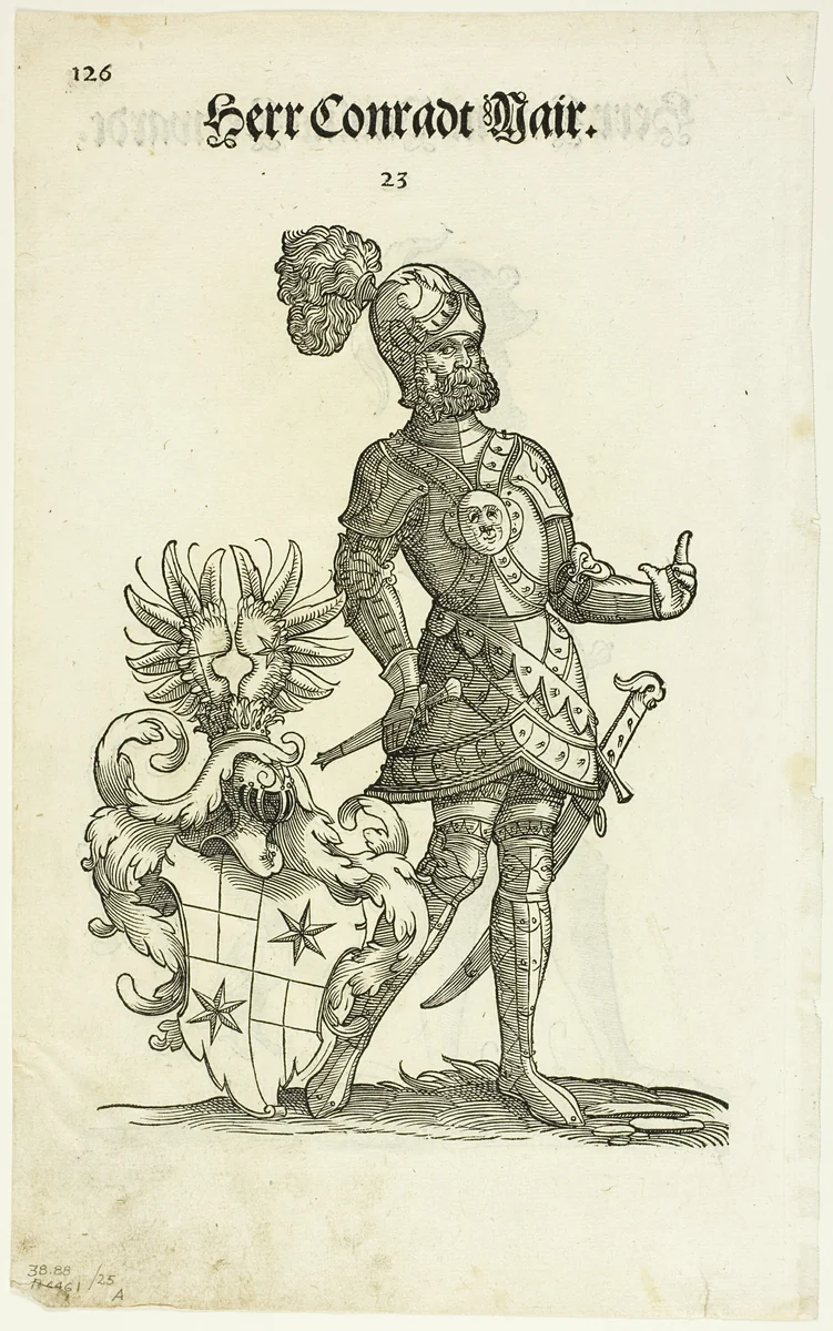 Herr Conradt Mair (recto) and Herr Hanns Paulus Herwardt (verso) from Augsburger Geschlechter Buch, plate 25 from Woodcuts from Books of the XVI Century by Christoph Weiditz, print, 1550