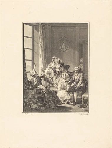 Julie s'évanouit dans un fauteuil by Noël Le Mire, Jean-Michel Moreau the Younger, print, 1724-1801