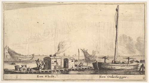 A Raft and a "Onderlegger" by Reinier Nooms, print, 1635-1668