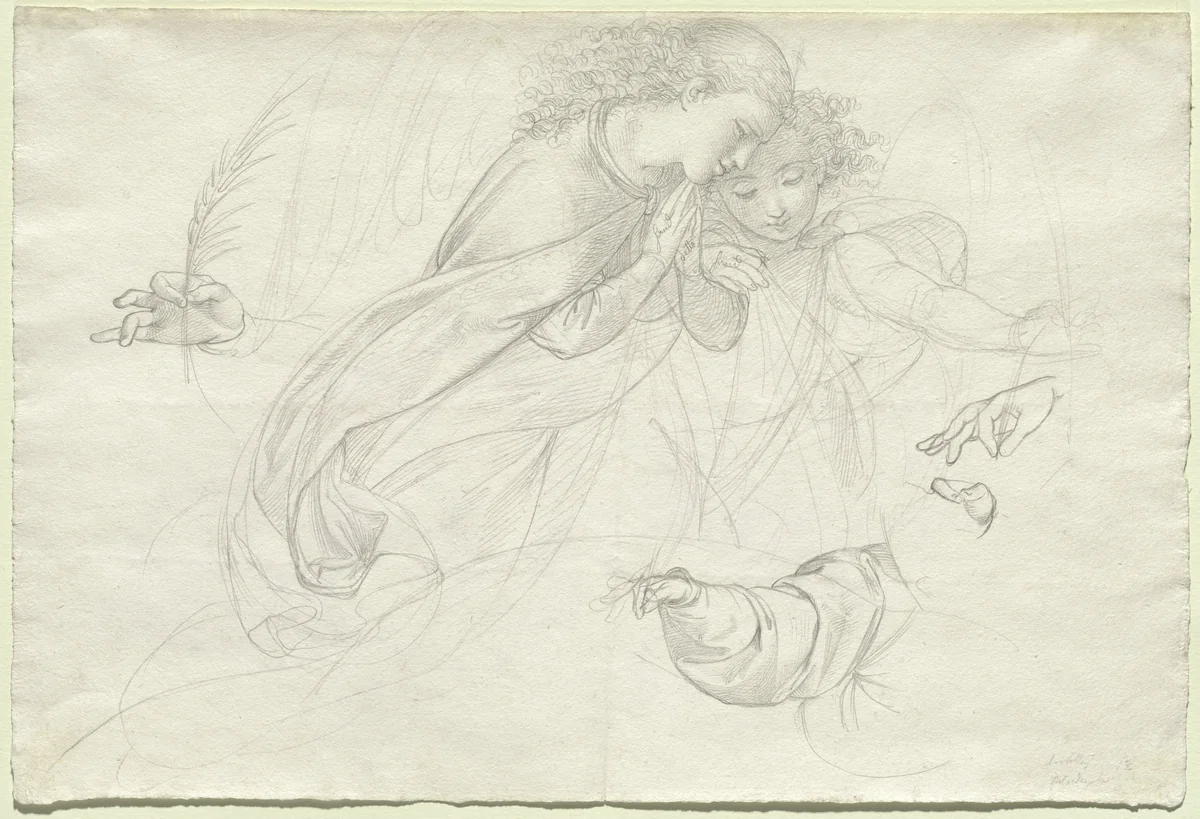 Two Grieving Angels (verso) by Johann Evangelist Scheffer von Leonhardshoff, drawing, 1820