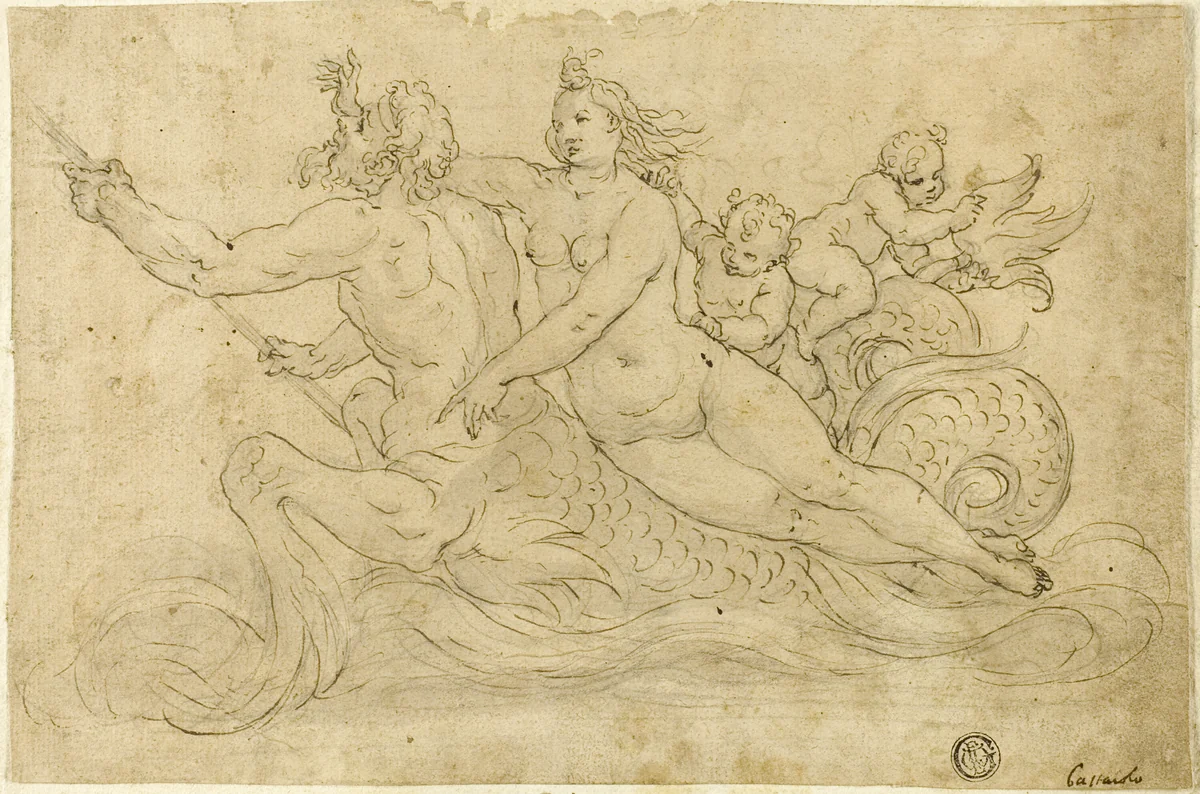 Triton, Nereid, and Putti by Giuseppe Mazzuoli, drawing, 1556-1589