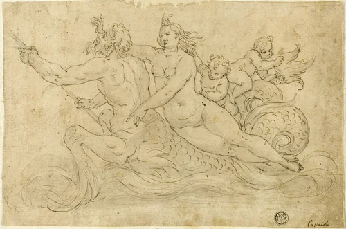 Triton, Nereid, and Putti by Giuseppe Mazzuoli, drawing, 1556-1589