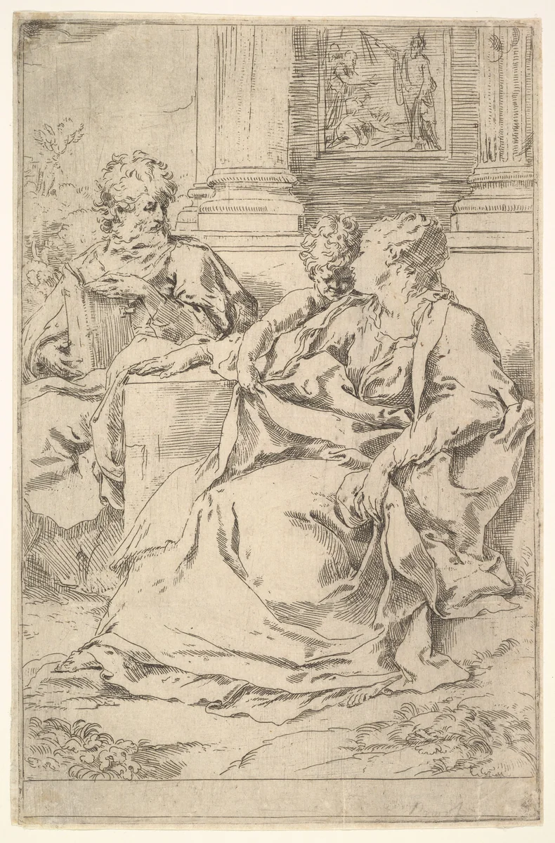 The Holy Family with Scriptural Scene in Background by Guido Reni, print, 1575-1642