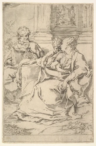 The Holy Family with Scriptural Scene in Background by Guido Reni, print, 1575-1642