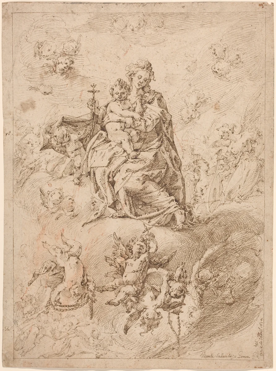 The Madonna of the Rosary by Vicente Salvador Gómez, drawing, 1674