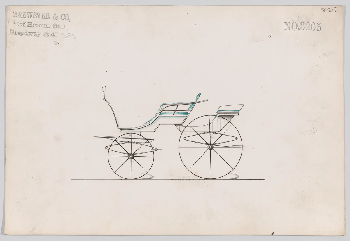 Design for 4 seat Phaeton, no top, no. 3205 by Brewster & Co., drawing, 1876