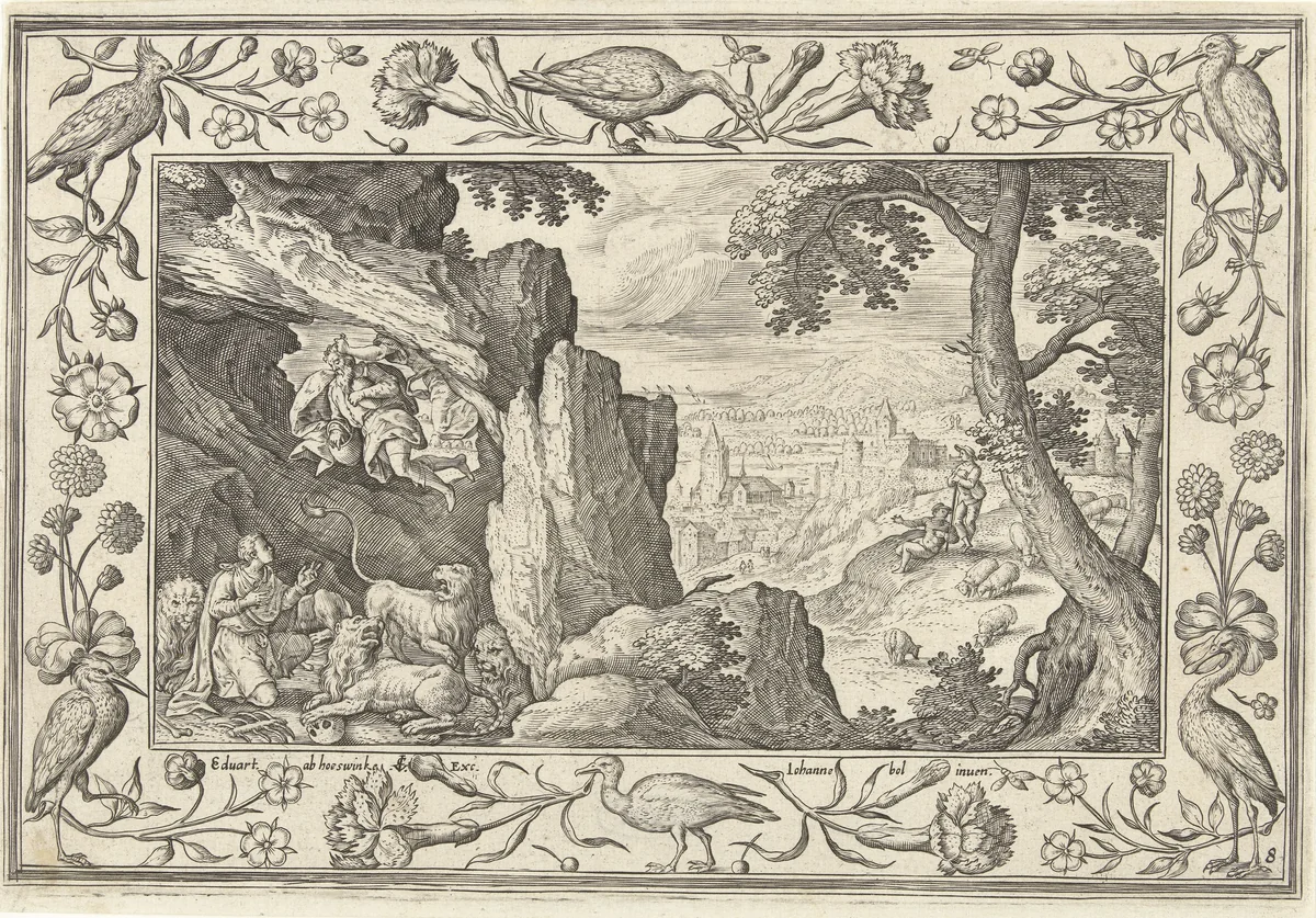 Daniël in de leeuwenkuil by Unknown, print, 1582-1586