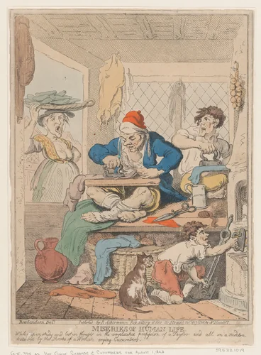 Miseries of Human Life: While Deep in Study and Lost in Thought in the Complicated Profession of a Taylor and All on a Sudden Disturbed by the Shrieks of a Woman Crying Cucumbers by Nicolaus Heideloff, print, 1807