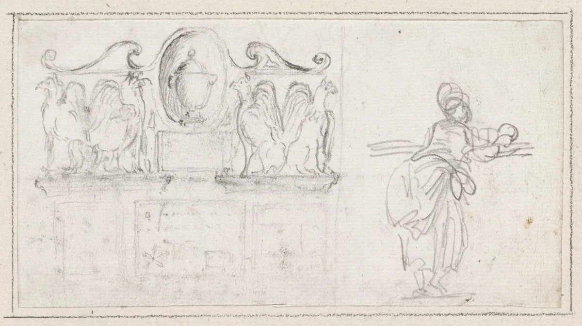 A Decorative Sculpture with a Woman Seen from Behind by Hubert Robert, drawing, 1754-1765
