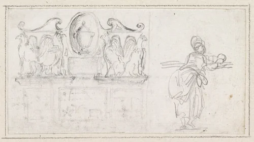 A Decorative Sculpture with a Woman Seen from Behind by Hubert Robert, drawing, 1754-1765