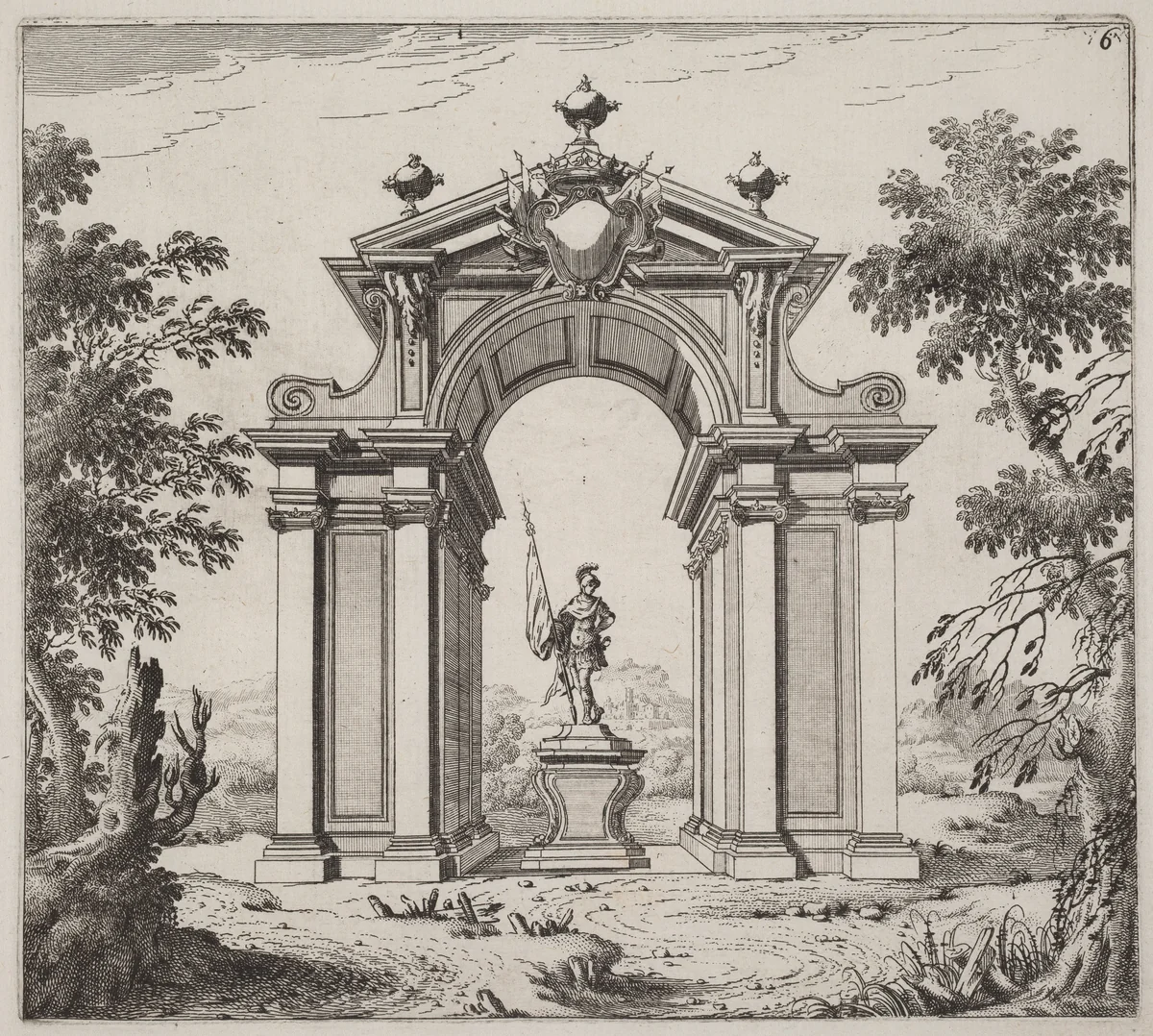 Triumphal Arch in a Landscape by Giuseppe Antonio Landi, print, 1719-1753