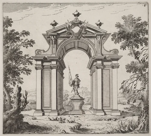Triumphal Arch in a Landscape by Giuseppe Antonio Landi, print, 1719-1753