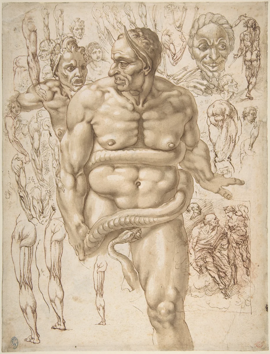 Nude Demon Encircled by a Serpent, after Michelangelo's Last Judgment; and Other Figure Studies (recto); Figure Studies (verso) by Giovanni Ambrogio Figino, drawing, 1548-1608
