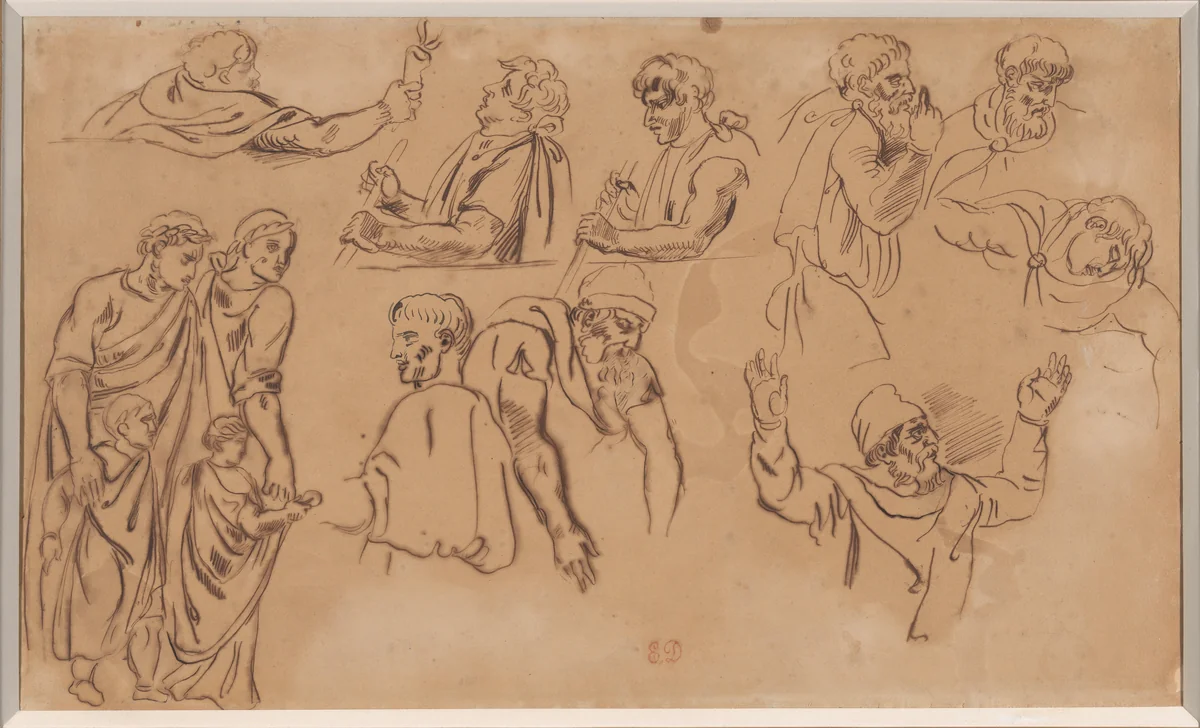 Study of Thirteen Figures from the Antique (recto); Study of a Family, traced from the recto (verso) by Eugène Delacroix, drawing, 1817-1827