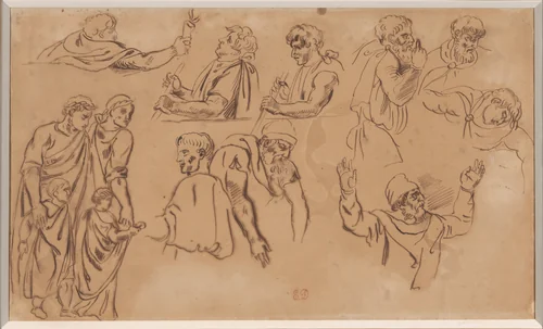 Study of Thirteen Figures from the Antique (recto); Study of a Family, traced from the recto (verso) by Eugène Delacroix, drawing, 1817-1827