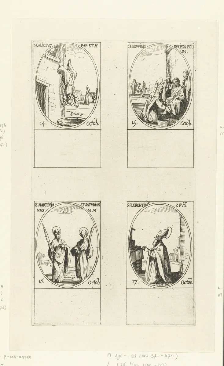 Heilige Calixtus I, Heilige Hedwig van Silezië, Heilige Martinianus en Heilige Saturianus, Heilige Florentinus van Trier (14-17 oktober) by Jacques Callot, print, 1632-1636