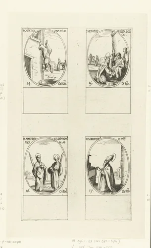Heilige Calixtus I, Heilige Hedwig van Silezië, Heilige Martinianus en Heilige Saturianus, Heilige Florentinus van Trier (14-17 oktober) by Jacques Callot, print, 1632-1636