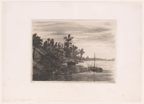 Twee zeilboten in een rivier met aan de oever huizen by Jules Guiette, print, 1862-1901